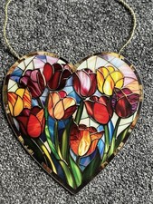 Heart Shaped Stained Glass Style Wall Hanging – Tulip Floral Sun Catcher Home