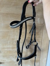 Black QHP patent Cob Size Ergonomic Micklem Style Dressage Bridle Bling Browband