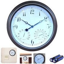 Garden Station Wall Clock with Thermometer Indoor Outdoor Arabic 15" White