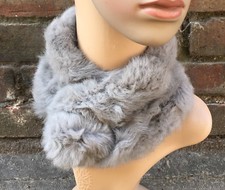 Grey genuine real Chinese rabbit fur pom pom scarf neck collar shawl stole