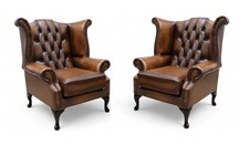 Chesterfield High Back Chairs Set Of Two Italian Vintage Tan Genuine Leather