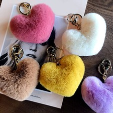 Cute Fake Rabbit Fur Heart Pompom Keychain Plush Women Bag Charm Fluffy Keyring