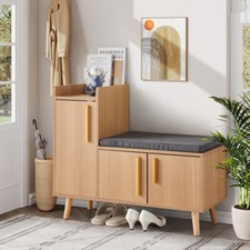 Wooden Shoe Storage Bench with Seat Cushion Cabinet Rack Organizer with 3 Doors