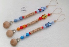 KEEPSAKE * Personalised Dummy Clip Wood & Silicone Robot Blue Red Orange Novelty