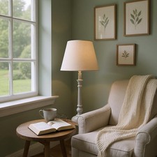 Stylish & Modern Tall Wooden Washed Table Lamp - Shabby Chic & Taupe Linen Shade