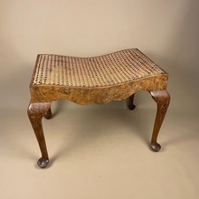 Antique Cane Seat Stool Queen Anne Style Carved Wood Cabriole Leg Rattan Bench