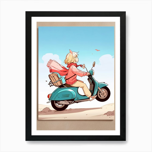 Girl riding moped art print - a,