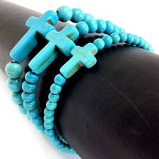 Cross Bracelet Handmade Beaded Howlite Turquoise Bead 7.5" 4mm 6mm 8mm Christian