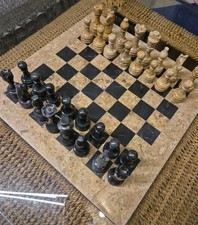 Chess Set 15" Jet Black And Fossil Beige Onyx/Marble Handmade New Stock B