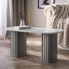 OHS White Marble-Top Coffee Table with Grey Ribbed Wood Frame, 85×40×41cm
