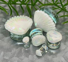 PAIR White Pearl Seashell Glass Double Flare Plugs Sea Shell Tunnels Gauges