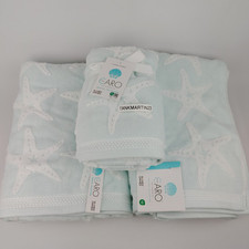 4pc CARO Home (2) Bath & (2) Hand Towels Light Blue Starfish Reversible Coastal
