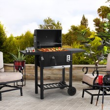 Large Charcoal Barrel BBQ Grill Garden Barbecue Smoker Trolley w/ Chimney &Shelf
