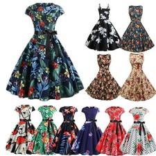 Womens Vintage Retro 1950s Swing Dress Rockabilly Evening Party Prom Midi Dress
