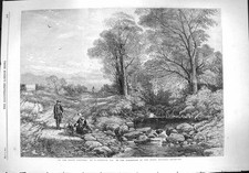 Old Antique Print 1861 Scene North Country River Trees Man Hunting Lady 19th