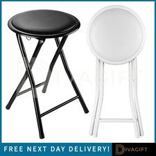 BLACK WHITE FOLDING STOOL ROUND FOLDABLE METAL SPACE SAVING STOOLS PADDED SEAT