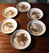 Set of 6 Fürstenberg Plates/Coasters Black & Gold Birds Pattern 02967~MCM GERMAN
