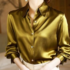 Women Satin Shirt Button Business Simulate Silk Formal Shiny Elegant Blouse