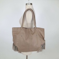 Linea Pelle Tote Bag Purse Janis Leather Taupe Beige Braided Fringe Trim