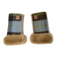 Ladies Mittens Lambswool Chestnut Blue Tartan Faux Fur Cuffs Fleece One Size