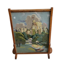Vintage Wooden Framed Tapestry Fire Guard Screen Castle In Forest Design 