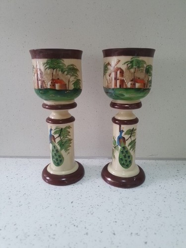 Pair antique peacock enamel - of,