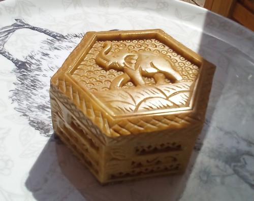 Carved soapstone hexagonal - soapstone, box