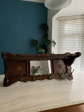 Vintage French Solid Wood Coat Rack Hall Shelf With Mirror 6 Hooks 1940s