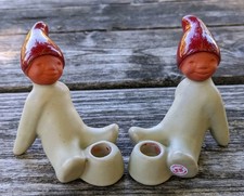Ramsing Troll Christmas Elves Pair Ceramic Pottery Denmark Candle Holders Tags
