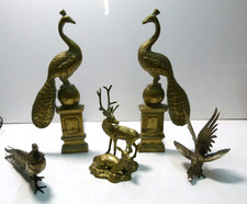 VICTORIAN BRASS PEACOCK FIRE DOGS ANDIRONS 16.5" TALL + STAGS+PEACOCK+PHEASANT