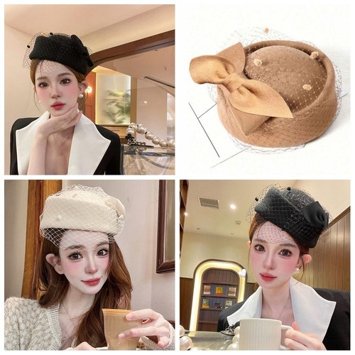 Wool bow hat withveil - hat, pillbox
