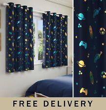 Blue Space/Football Kids Curtains 66x72"  - Thermal Energy Saving for Boys Room