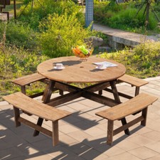 6-8 Seater Round Wooden Pub Bench Picnic Table Furniture Set for Outdoor Garden
