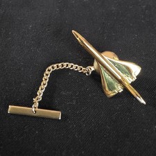Vintage - CONCORDE Commercial Airplane - Tie Tack Pin - Gold Tone - Chain Bar