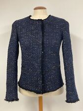 MASSIMO DUTTI LADIES BOUCLE JACKET BLUE MIX ZIP COLLARLESS FRINGED SIZE 8