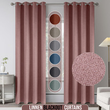 2 Panel Linen Blackout Curtains Eyelet Thermal Ready Made Pair With Tie Backs