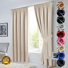 Thick Thermal Blackout Curtains Pencil Pleat Ready Made Pair &  2 Tie Backs