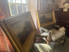 Pair of Large Antique Oil On Canvas Landscapes In Original Gilt Frames 19th C