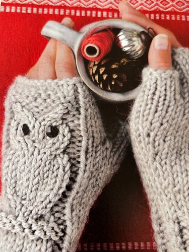 Owl design fingerless mitts - owl,
