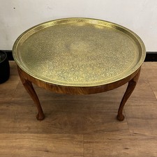 Benares style decorative brass tray on wooden stand - coffee/side table