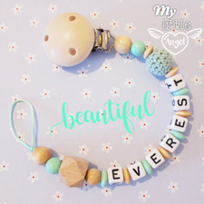 Personalised Dummy Clip Boy/Girl ❤ Natural Wooden Beads Unisex Pacifier Gift MAM