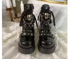 Womans Black Platform Chunky Cosplay Punk Goth Grunge Skull Combat Boots Shoes