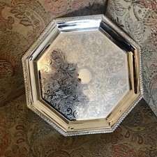 Vintage silver plated serving tray Georgian style Cavalier England octagonal old