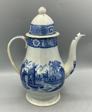Antique  PEARLWARE  chinoiserie  blue transfer Printed coffee pot.GREEK KEY 1820