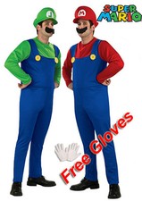 Mens 2PCs Super Mario Luigi and Mario Plumber Fancy Dress Costume Deluxe WGloves