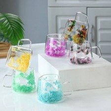 DoubleWall Mug Dried Flower GlassCup Clear Glass Cup Coffee Tea Cup with Handle◈