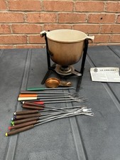 Boxed Le Creuset Vintage Fondue Set Brown Cast Iron with Stand & 2 Sets Forks