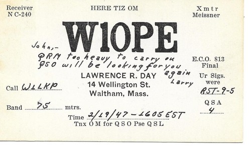 Qsl 1947 waltham radio - 1947,