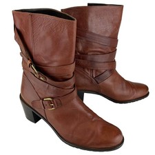 Stuart Weitzman Buckle Wrap Leather Pull On Mid Boots Cognac Tan Women's Size 10
