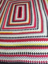 unique crocheted multicolour blanket, double bed cover, black wavy edges
